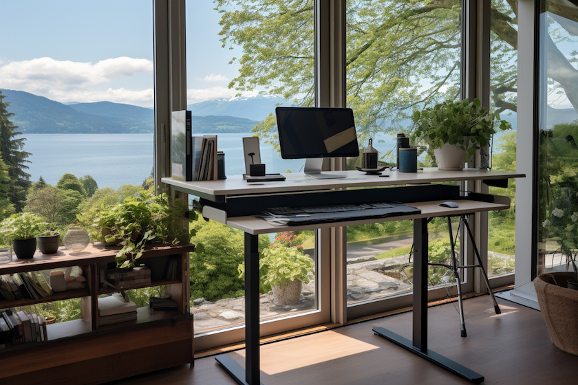 standing desk with a lake view