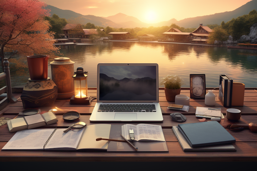 deskpad on desk with lake view